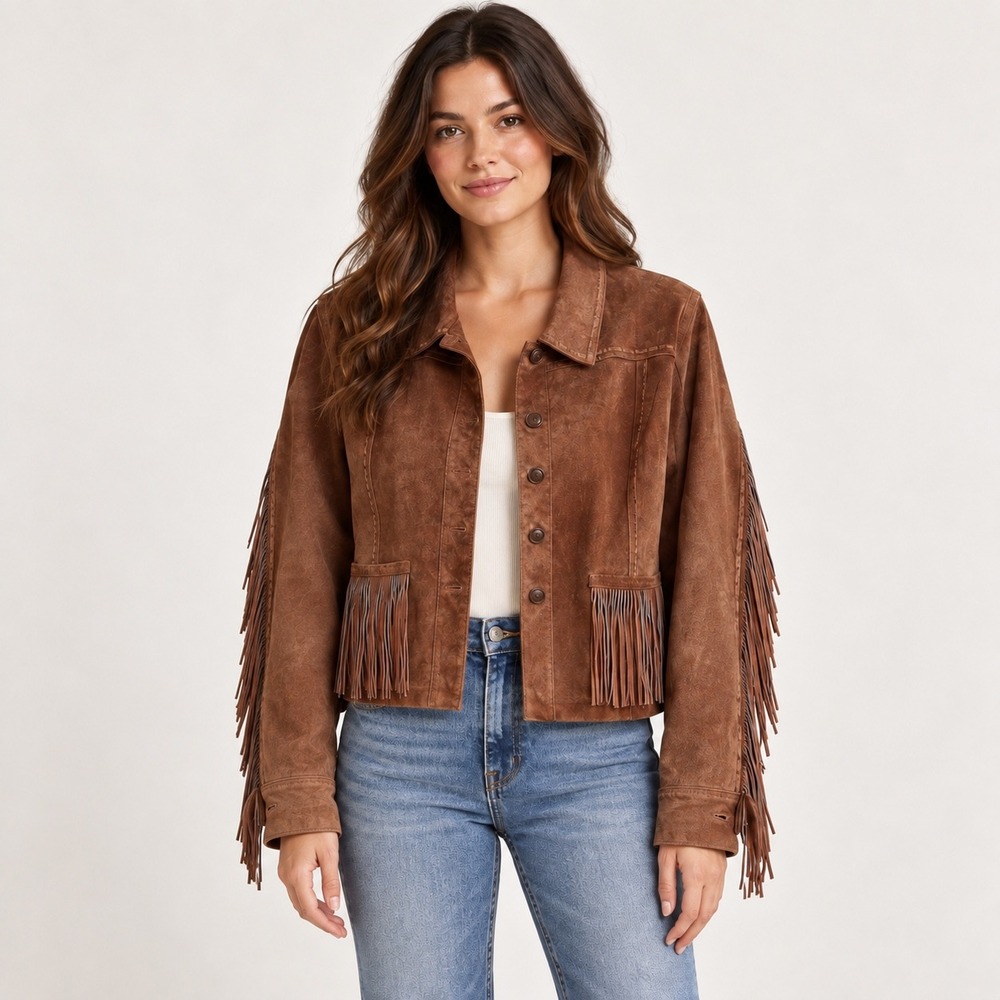 For Joseph Suede Fringe Jacket Wmn Medium Brown Western Boho Whipstitch Leather